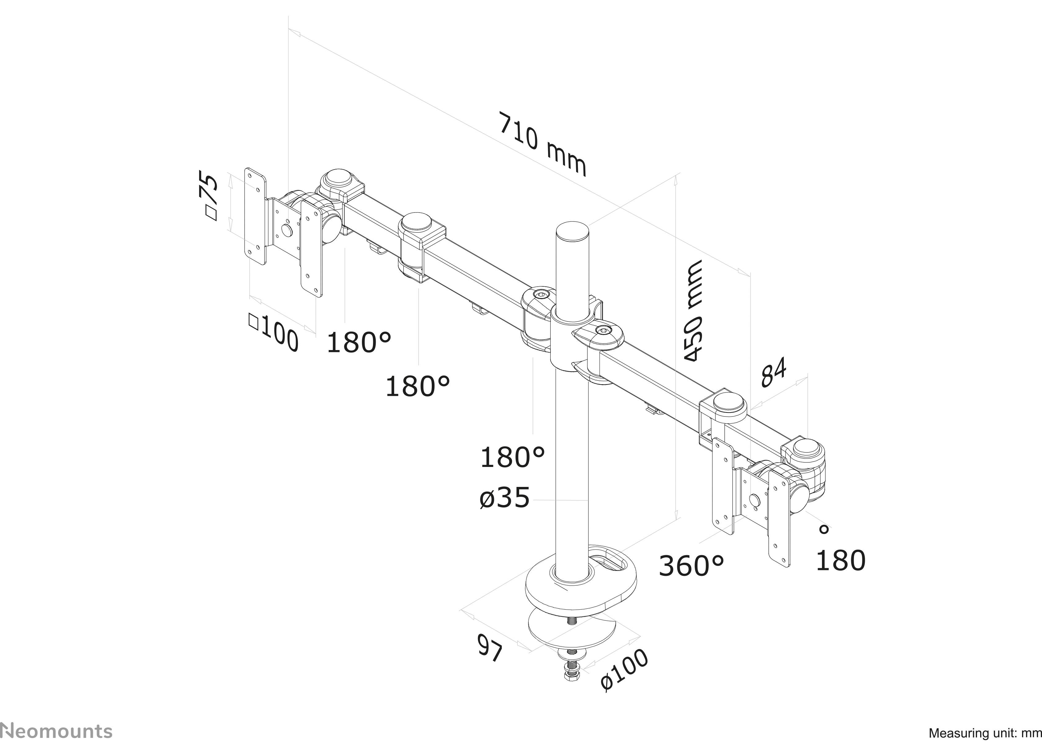 Tehnički nacrt nosača monitora s dimenzijama: ukupna širina 710 mm, visina 450 mm, kut nagiba 180° i zakretanje od 360°.