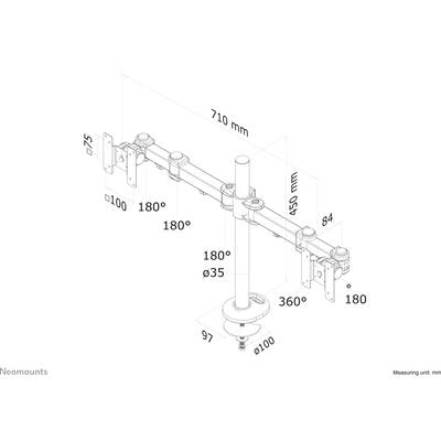Tehnički nacrt nosača monitora s dimenzijama: ukupna širina 710 mm, visina 450 mm, kut nagiba 180° i zakretanje od 360°.