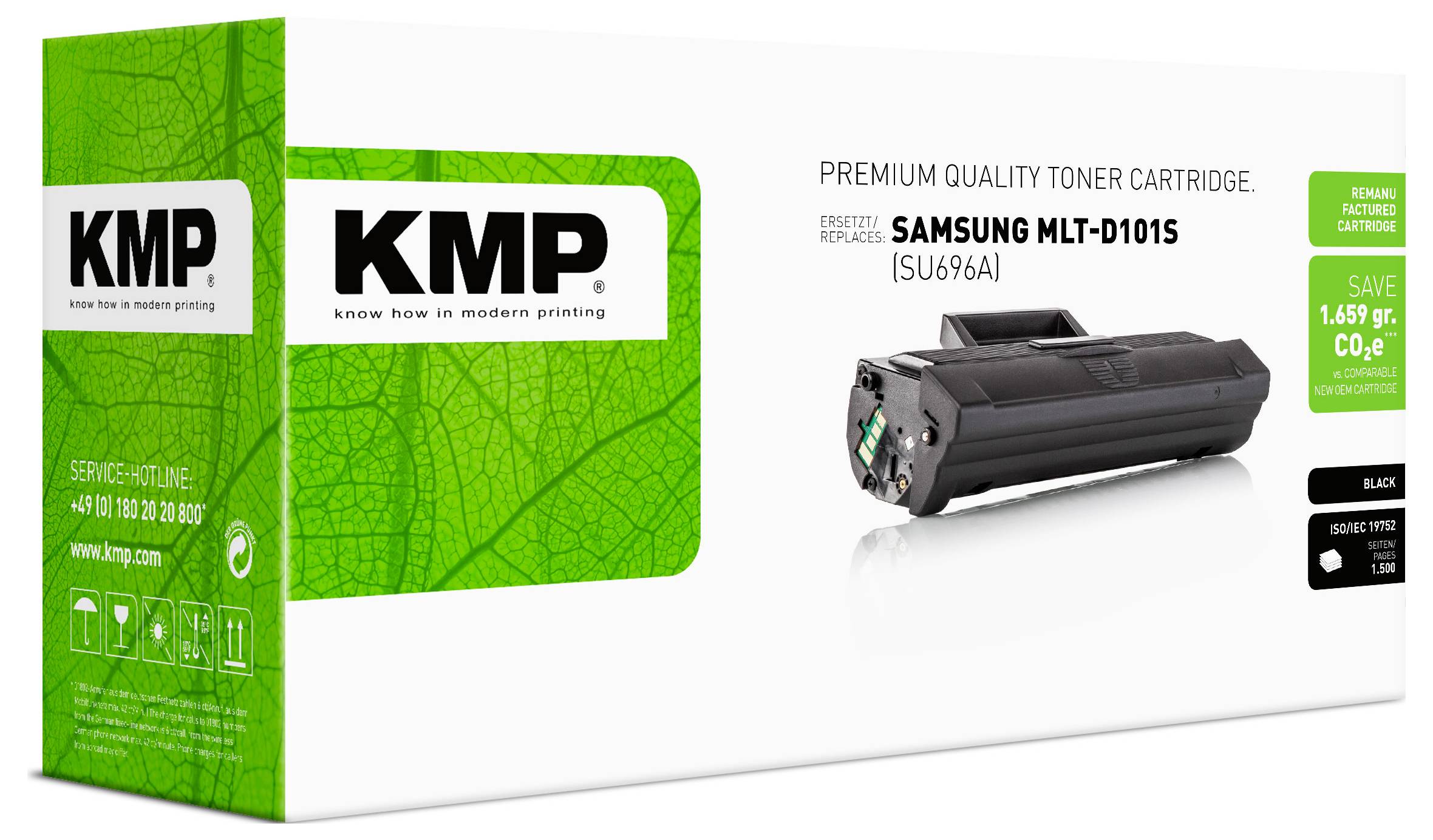 KMP premium kvalitetna toner patrona za Samsung MLT-D101S, prikazana s crnom toner patronom i zelenom dizajnom kutije.