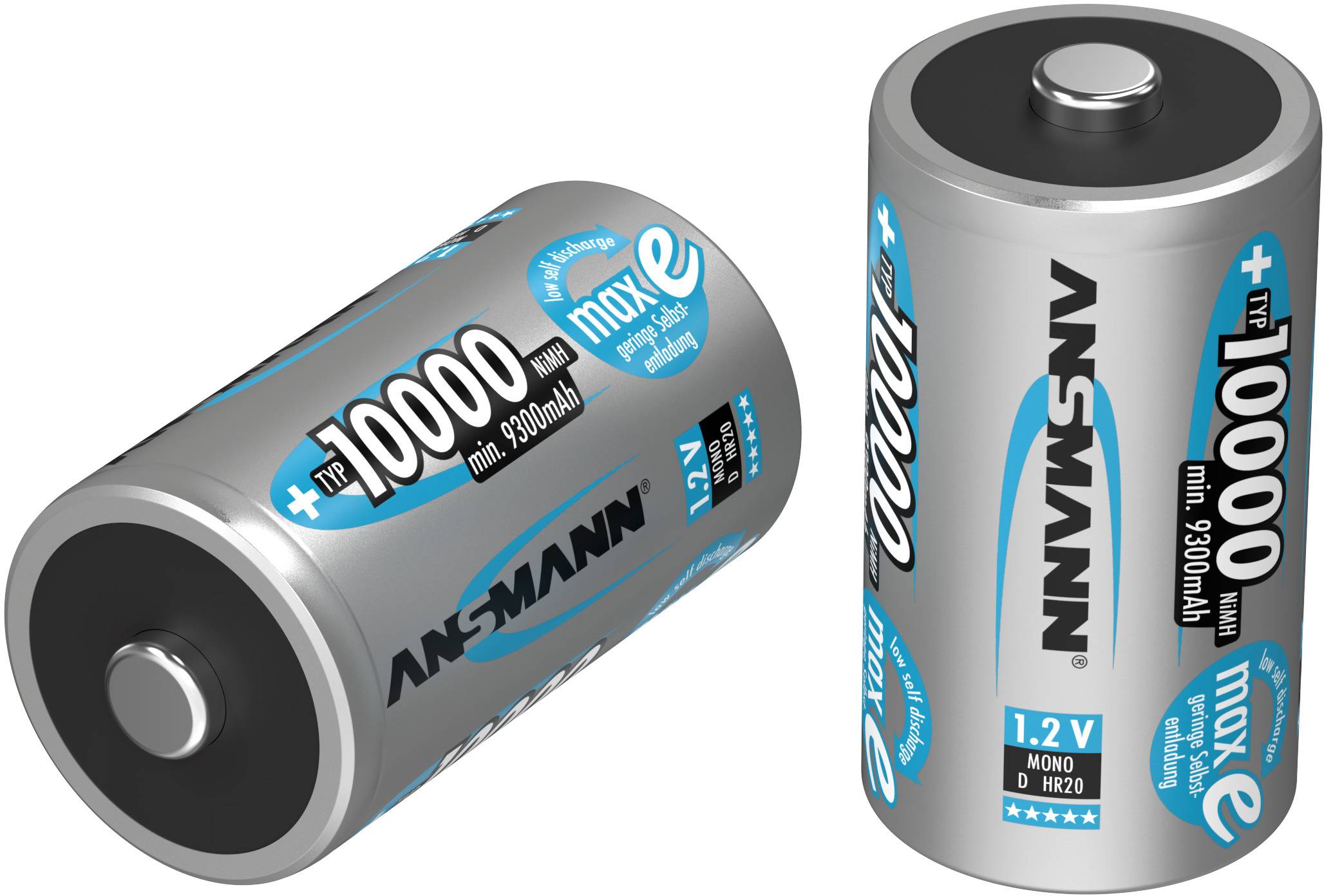 Dvije srebrne baterije, jedna ležeća, druga stojeća. Tekst na baterijama: '10000 mAh, 1.2V, Ni-MH, Ansmann'.