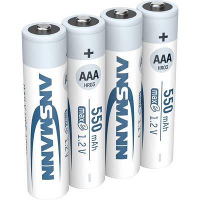 Četiri NNN AAA HR03 punjive baterije označene sa 550 mAh i maksimalno 1,2 V, prikazane kako stoje uspravno