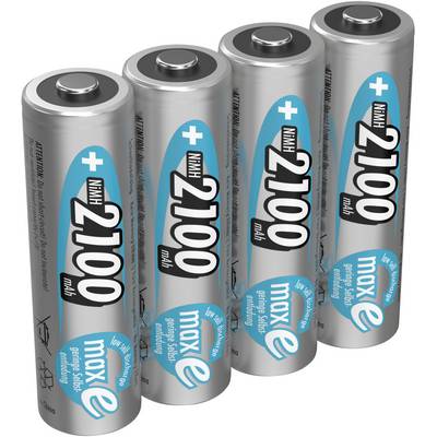 Četiri srebrne AA baterije s plavim i crnim oznakama, na kojima piše 'NiMH 2100 mAh' i 'maxE'. Stoje okomito jedna do druge.