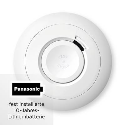 Okrugli detektor dima s Panasonic logotipom i integriranom litij baterijom za 10 godina, s tipkom za 'Test i Isključivanje' na površini.