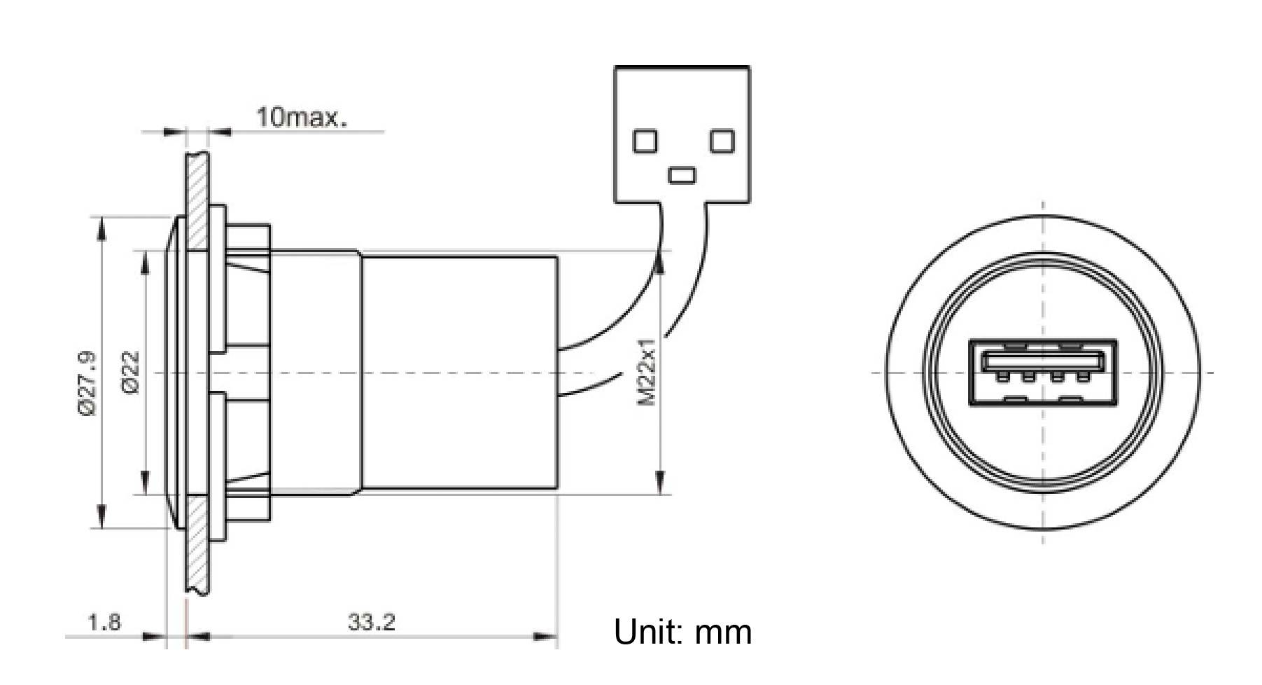 Tehnički nacrt USB priključka s mjerama u milimetrima. Sadrži poglede sa strane, sprijeda i odozgo. Navedene su ključne dimenzije.