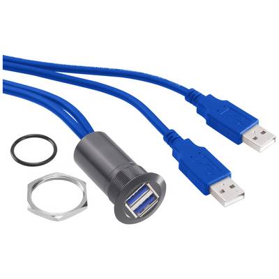 Plavi USB kabelski adapter s dva USB priključka i montažnom opremom, uključujući brtvilo i maticu, na bijeloj pozadini.