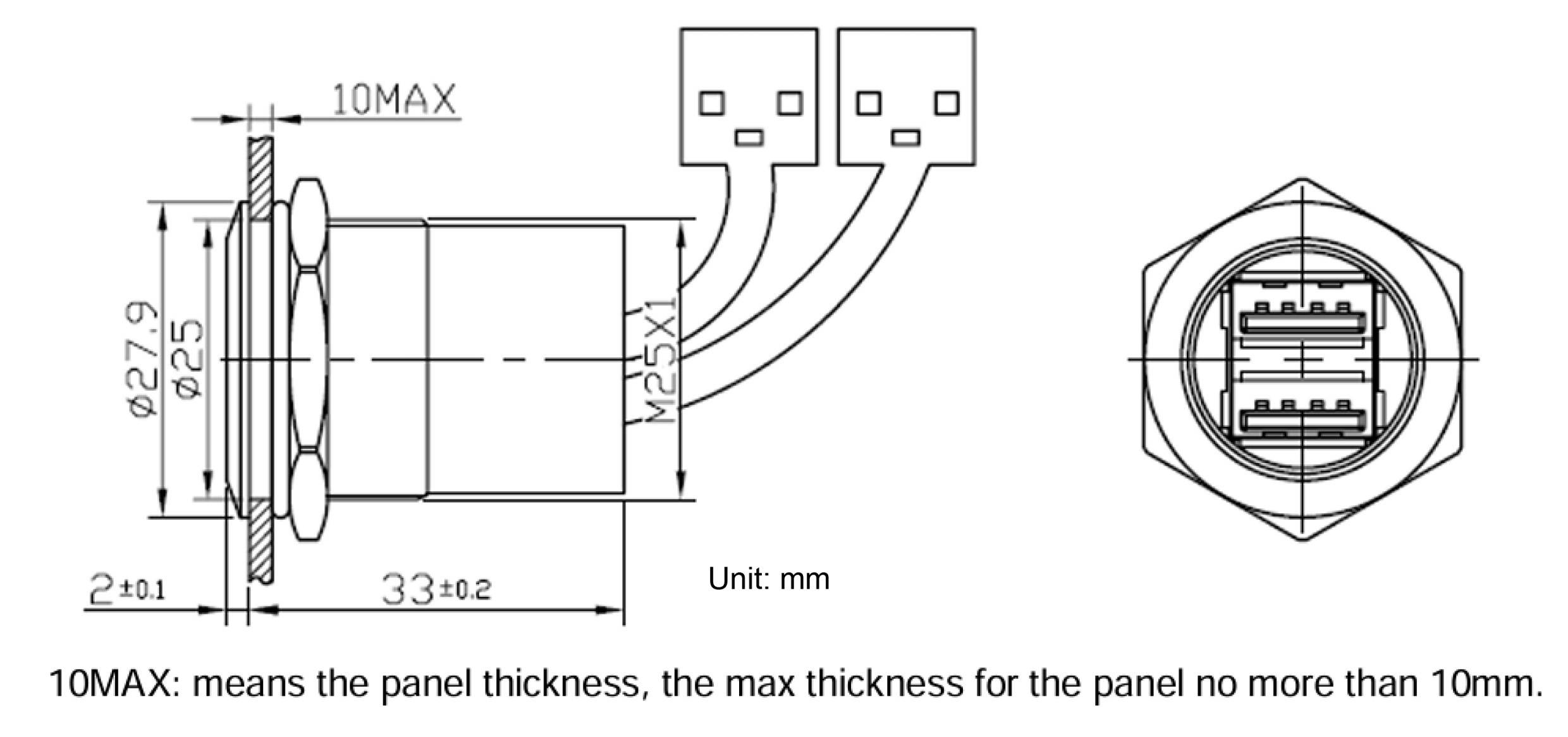 Tehnički nacrt panel konektora: prikazuje dimenzije duljine 33±0,2 mm i promjera 27,9±0,25 mm, maksimalna debljina panela 10 mm.
