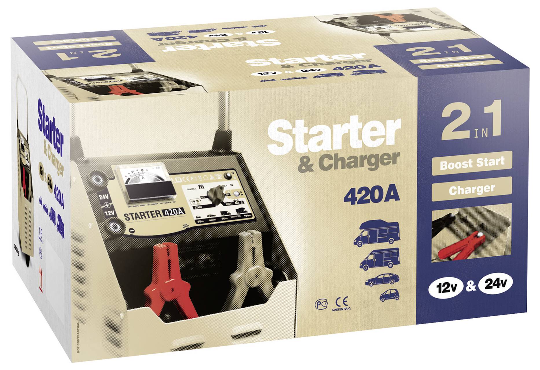 Kutija 2-u-1 'Starter & Charger' punjač baterije, 420A, za vozila od 12V i 24V, s crvenom i crnom stezaljkom prikazanom na pakiranju.