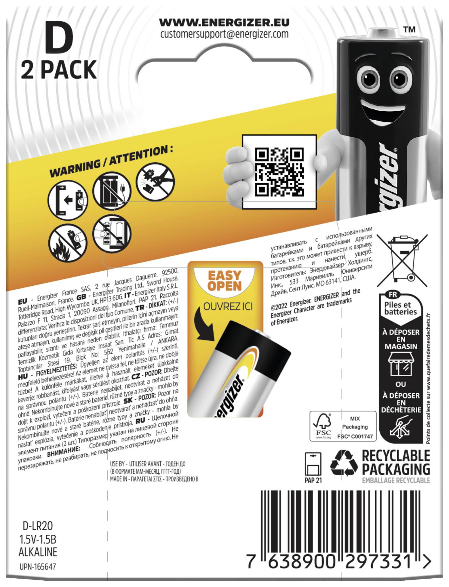 Ambalaža za 2 D-baterije Energizer. Prikazuje maskotu stripa baterije s QR kodom. Sadrži sigurnosna upozorenja i simbole za recikliranje.