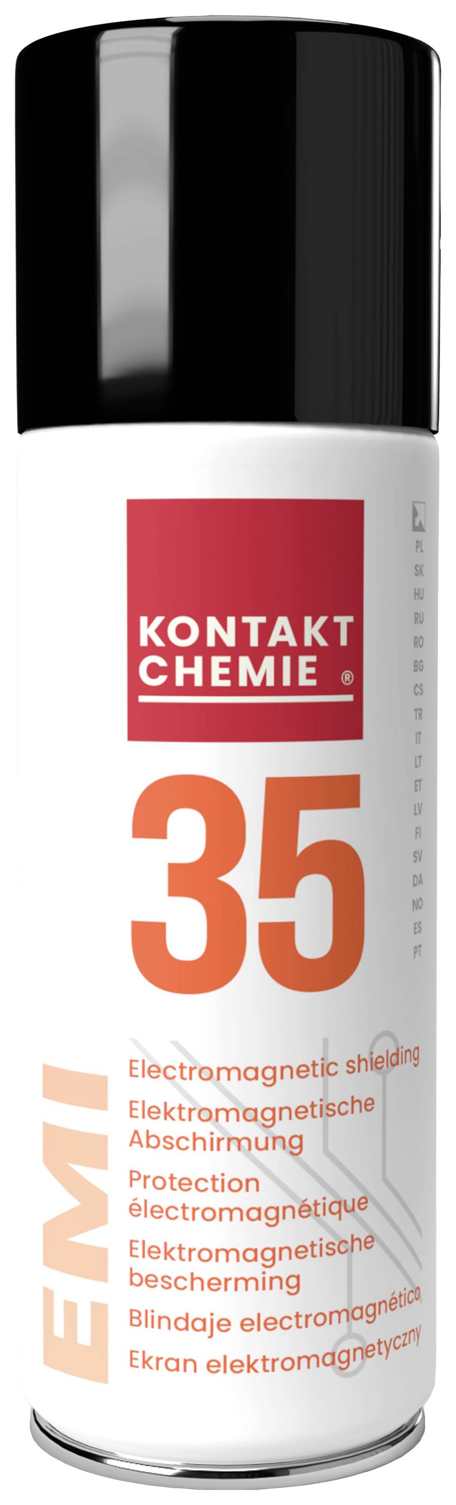'EMI 35' sprej za elektromagnetsko zaštićivanje. Bijela pozadina, crveni logo, višejezični opis. Proizvod tvrtke Kontakt Chemie.
