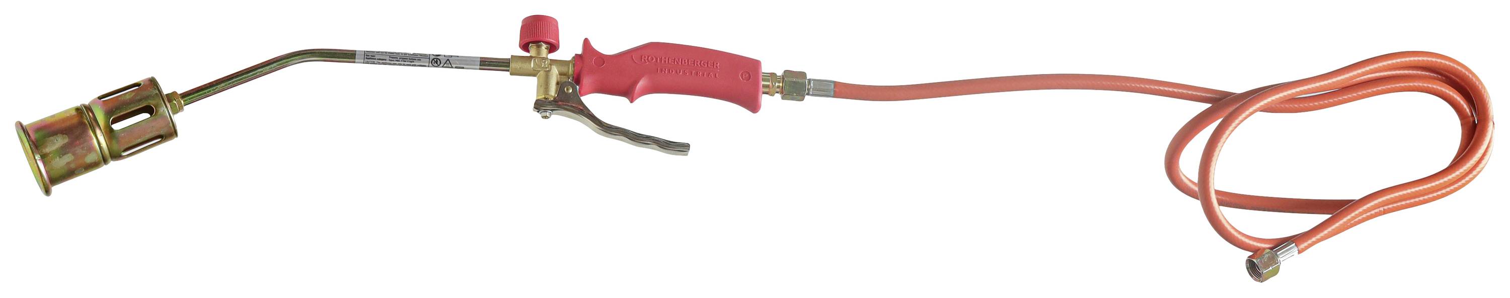 Crveni plinski gorionik s dugačkom narančastom cijevi, korišten za lemljenje ili industrijske primjene.