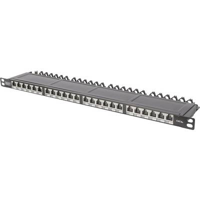 Patch panel s 24 Ethernet priključka za mrežno povezivanje, pogodan za Cat 6A kabele, montiran u rack ormaru.