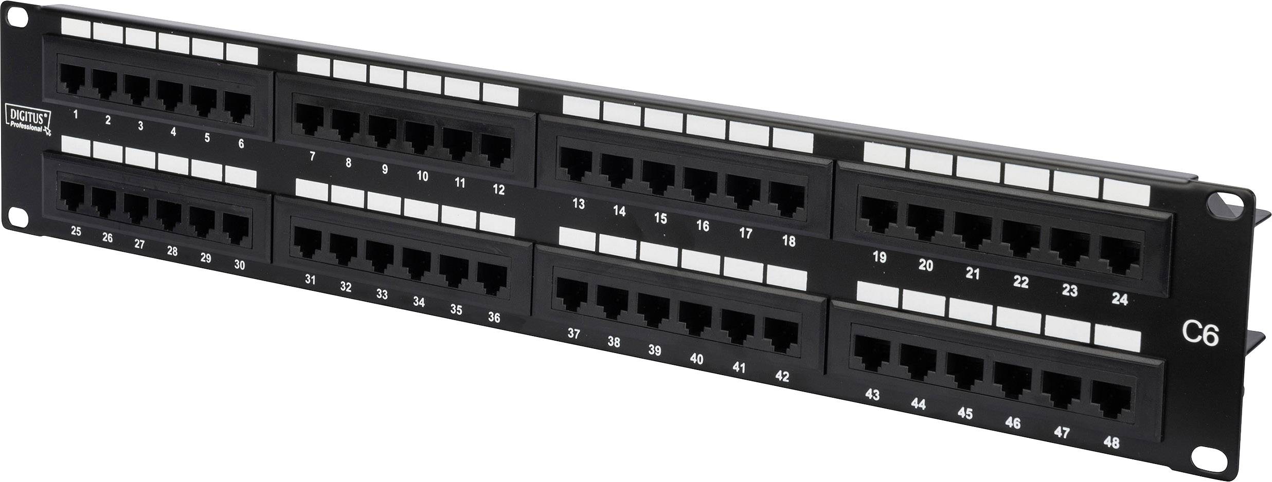 Crni patch panel s 48 Ethernet priključaka, numeriranih od 1 do 48. Namijenjen je umrežavanju u IT sustavima.