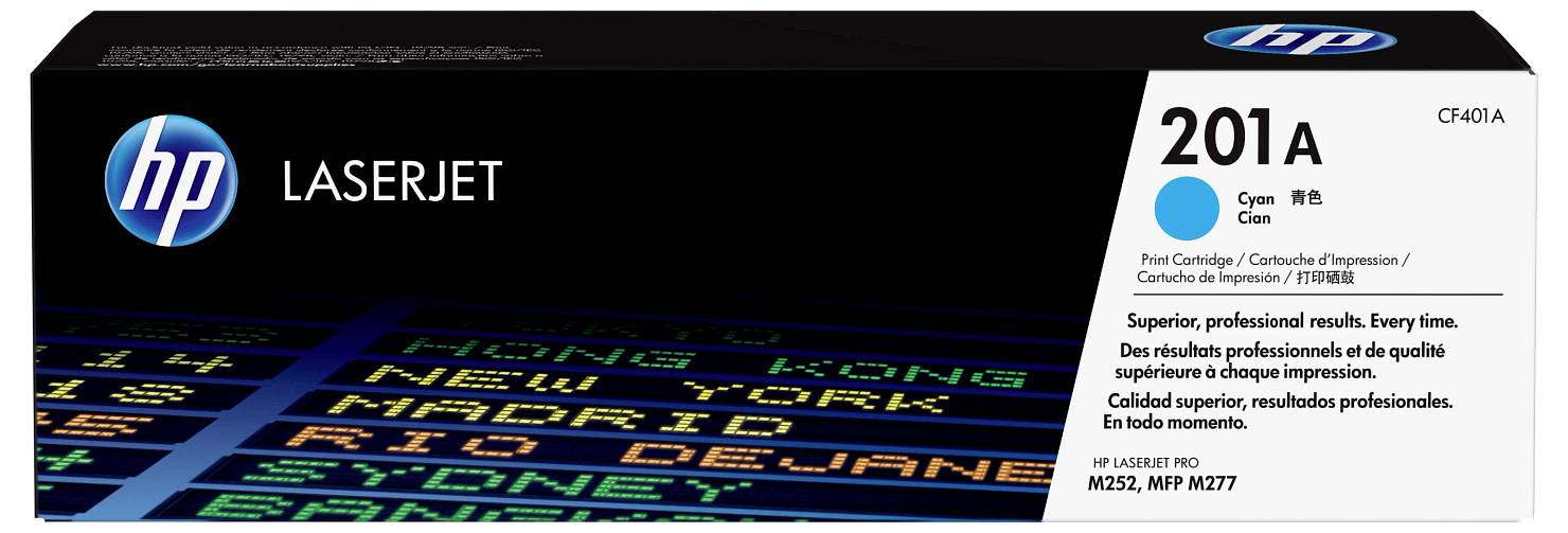 HP LaserJet 201A cyan patron kutija pakiranja, označena CF401A, za Color LaserJet Pro pisače.