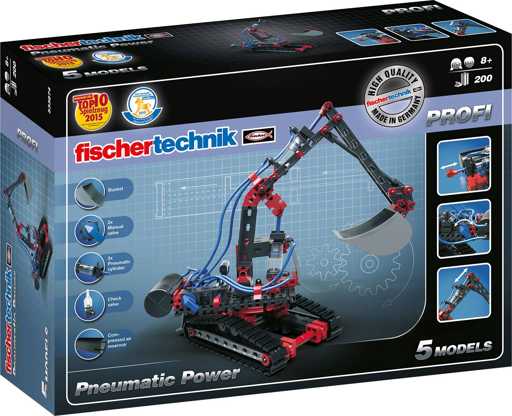 Kutija s komplетom za igru 'fischertechnik Pneumatska snaga', pogodan za djecu od 8 godina, prikazuje različite modele.