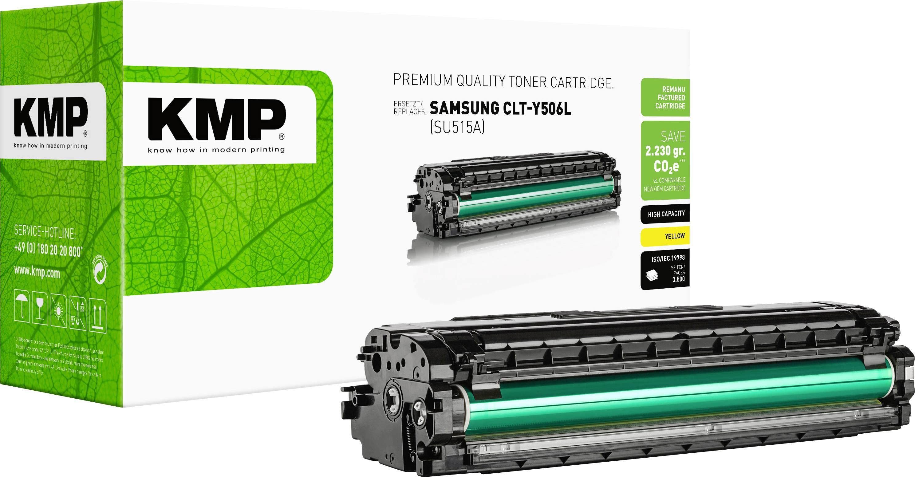 KMP premijumska kvalitetna toner patrona za Samsung CLT-Y506L, prikazana sa zeleno-bijelim pakovanjem i patronom na bijeloj pozadini.