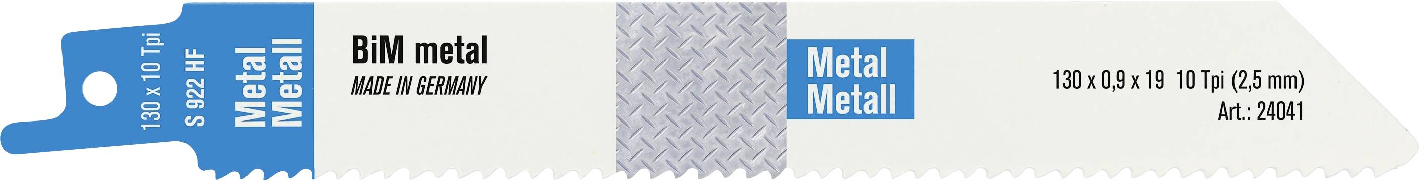 Etiketom zapakirane pile za metal koja prikazuje BiM metal oštricu, veličine 130 x 0,9 x 19 TPI (2,5 mm) i broja artikla 24041.