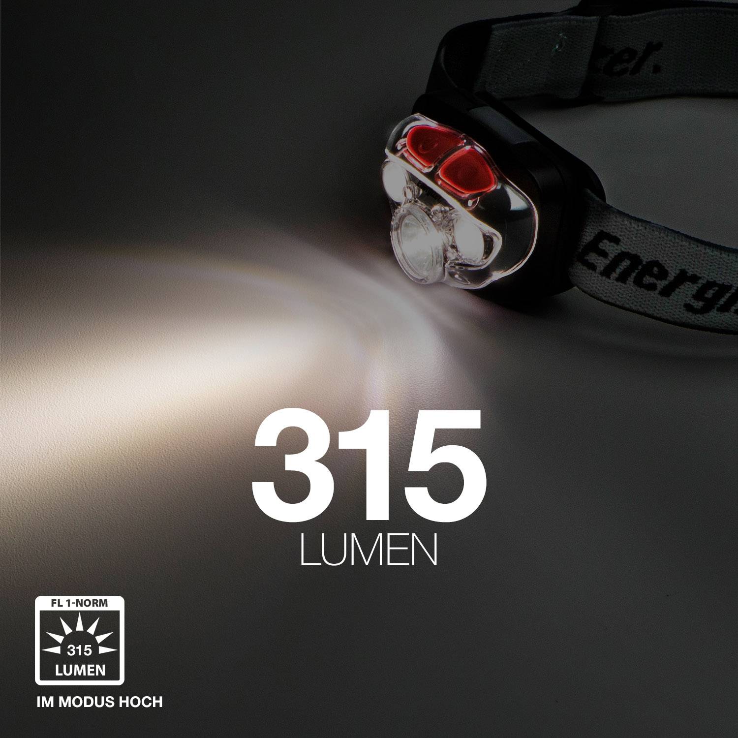 Čeona lampica emitira svjetlost. Natpis '315 lumena'. Logotip marke u donjem lijevom kutu.