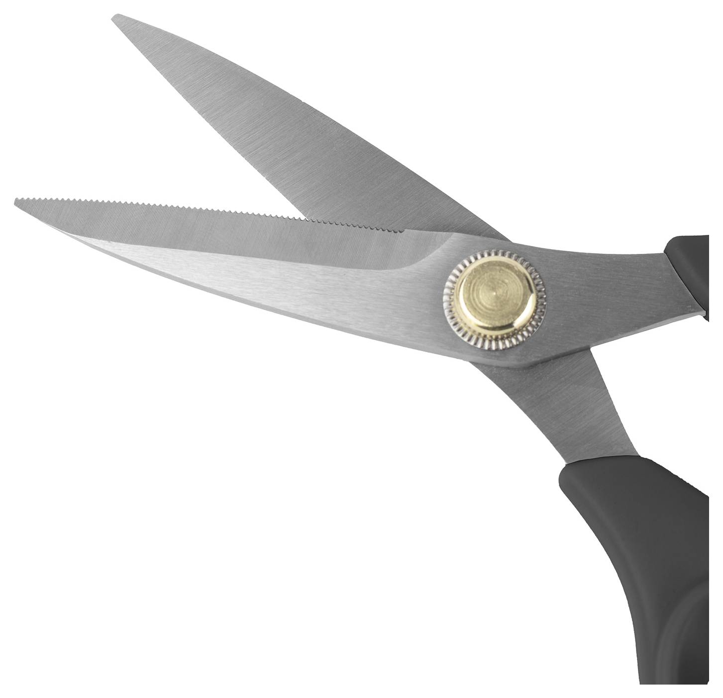 Otvorene škare sa srebrnim oštricama i crnom ručkom na bijeloj pozadini.