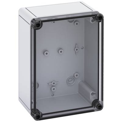 Prazna siva plastična kutija za instalacije s prozirnim poklopcem, pravokutnog oblika.