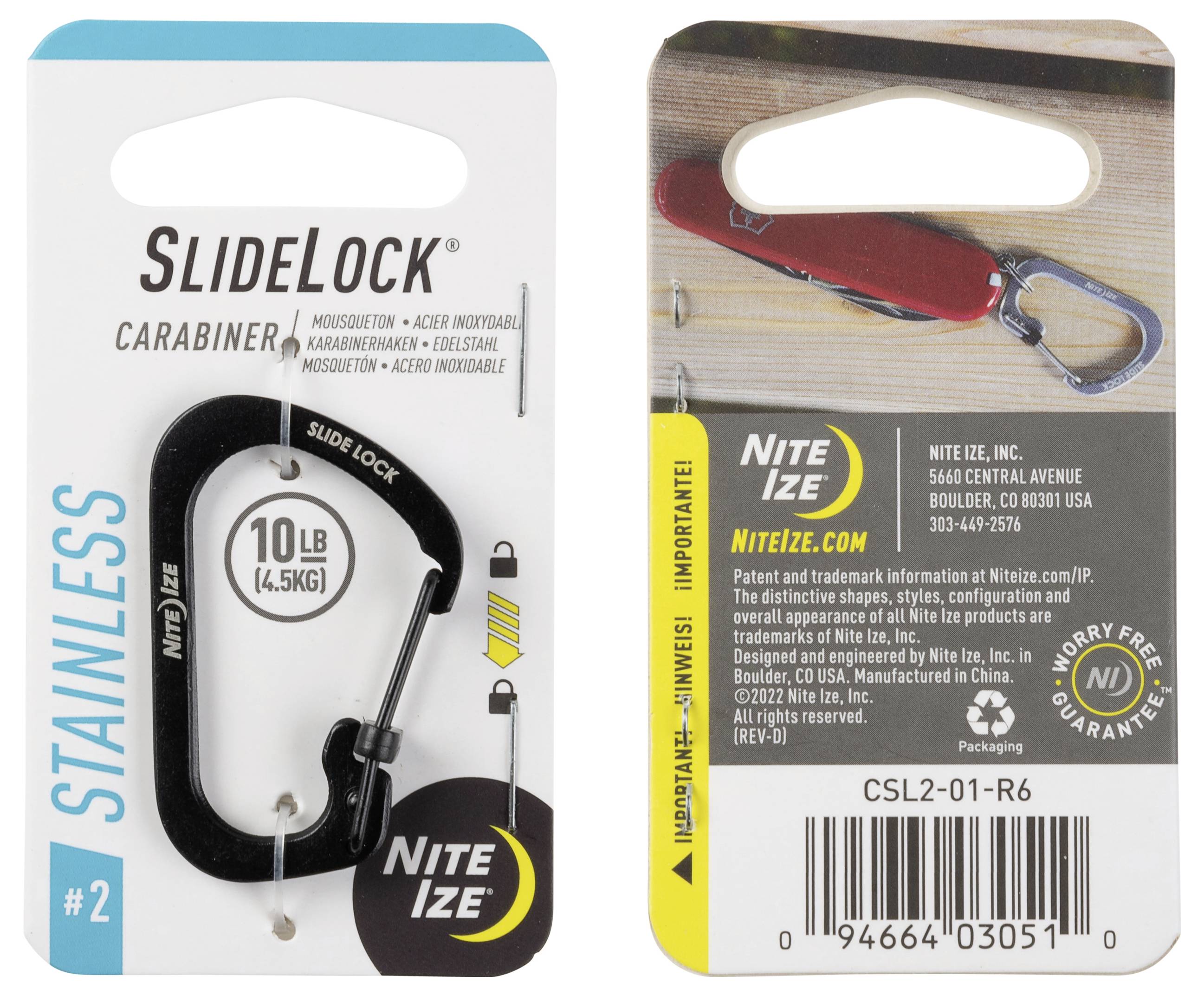 'SlideLock Karabiner' ambalaža. Lijeva strana prikazuje crni karabiner s nosivošću od 10 lb (4,5 kg). Desna strana navodi kontakt informacije za Nite Ize i detalje jamstva.