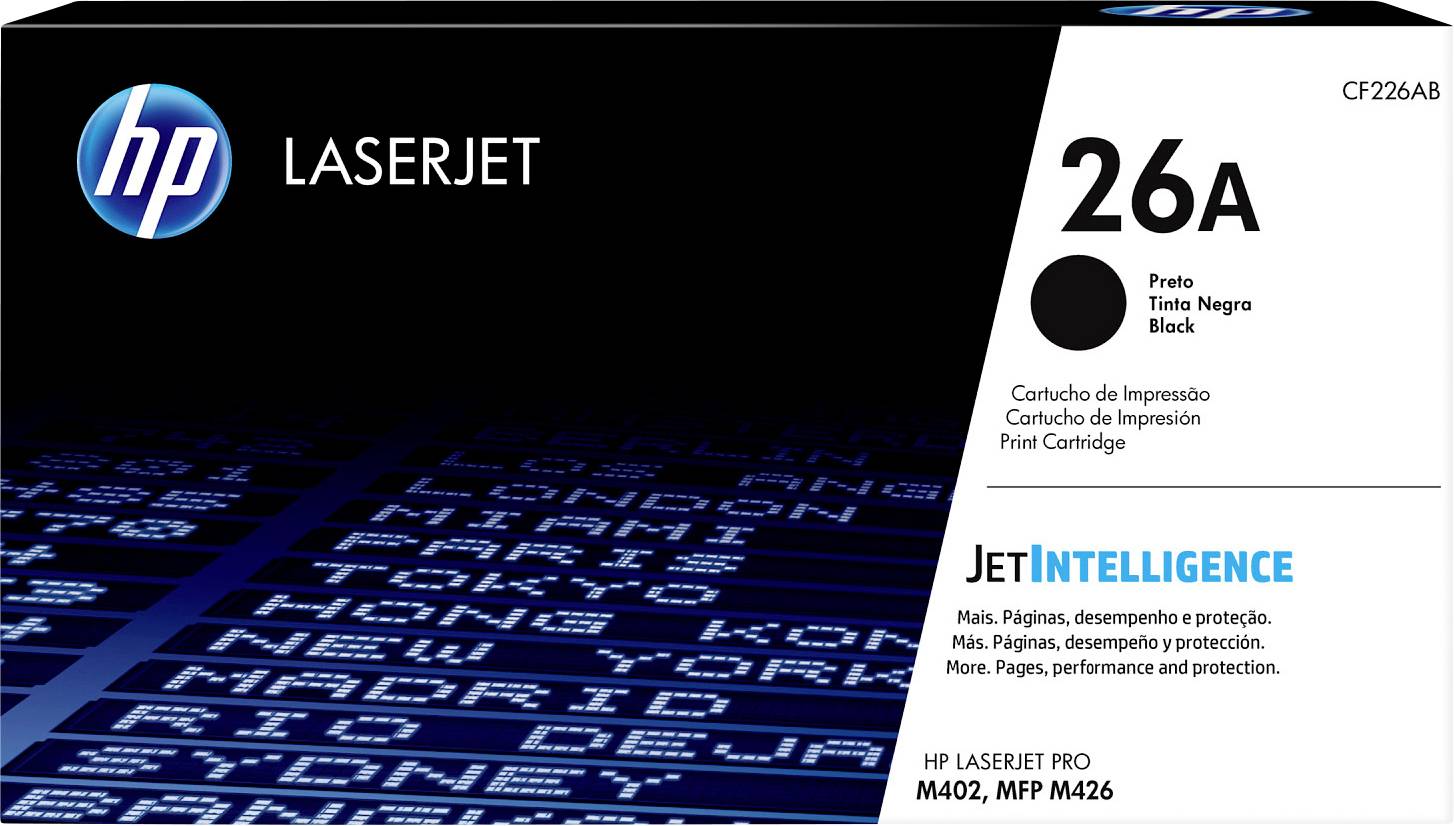Paket HP LaserJet 26A crnog tonera za HP LaserJet Pro M402 i MFP M426, označen s 'JetIntelligence'.