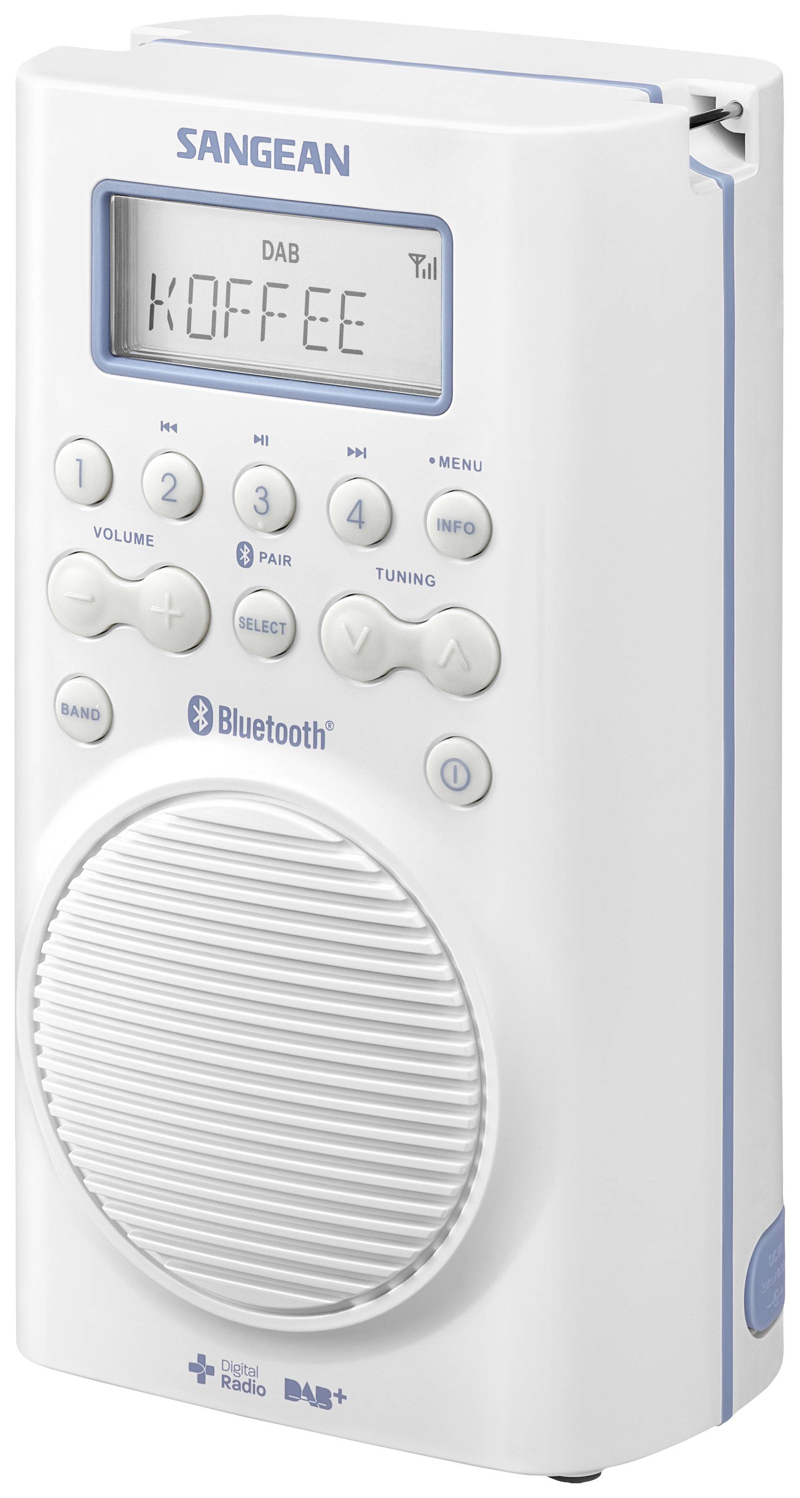 Prijenosni DAB+ radio u bijeloj boji sa zvučnikom, Bluetooth funkcijom i zaslonom. Prikazuje 'KAVA'. Upravljačke tipke gore za glasnoću i izbornik.