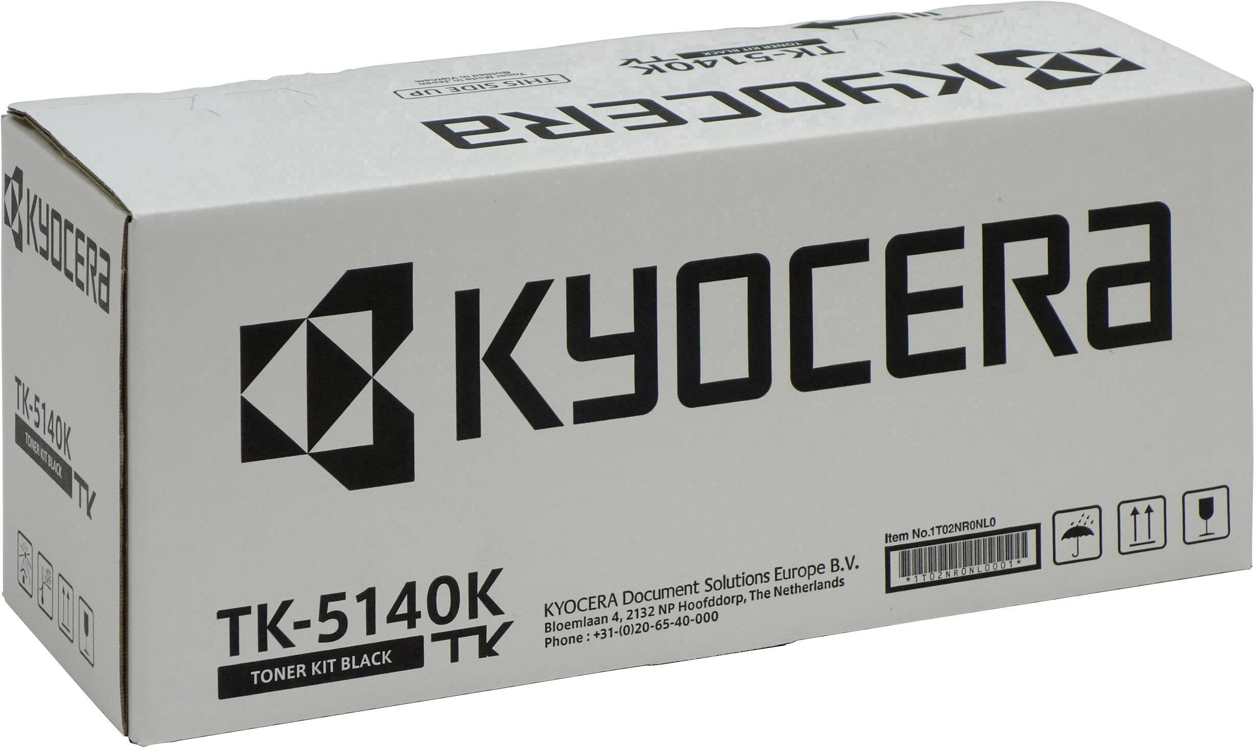Kyocera TK-5140K Crni Toner Kit Paket s logotipom i kontakt informacijama. Dizajniran za printere, europska proizvodnja.