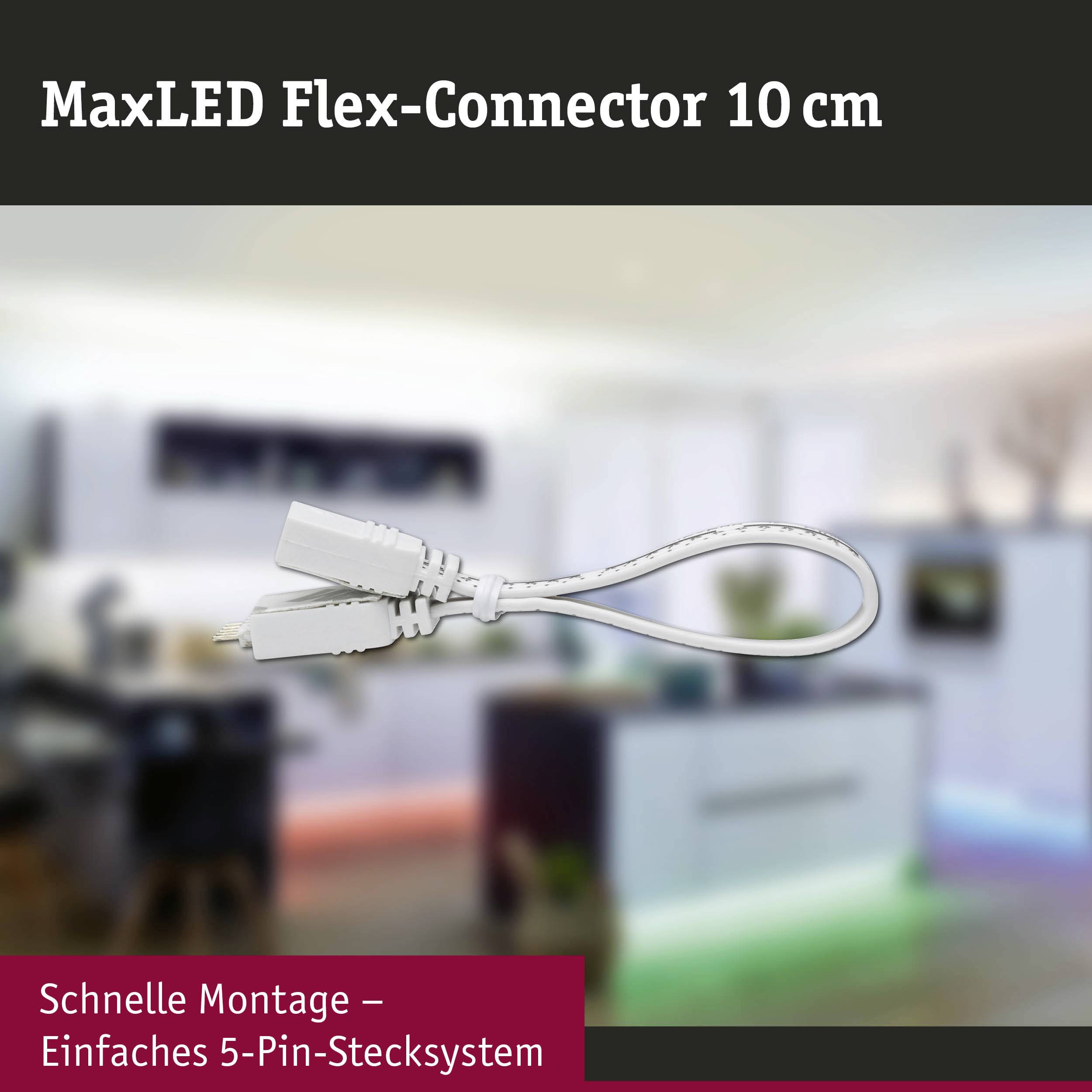 MaxLED Flex-Connector 10 cm, bijeli kabel s priključcima na zamućenoj pozadini. Tekst: 'Brza montaža - Jednostavan 5-pinski priključni sustav'.