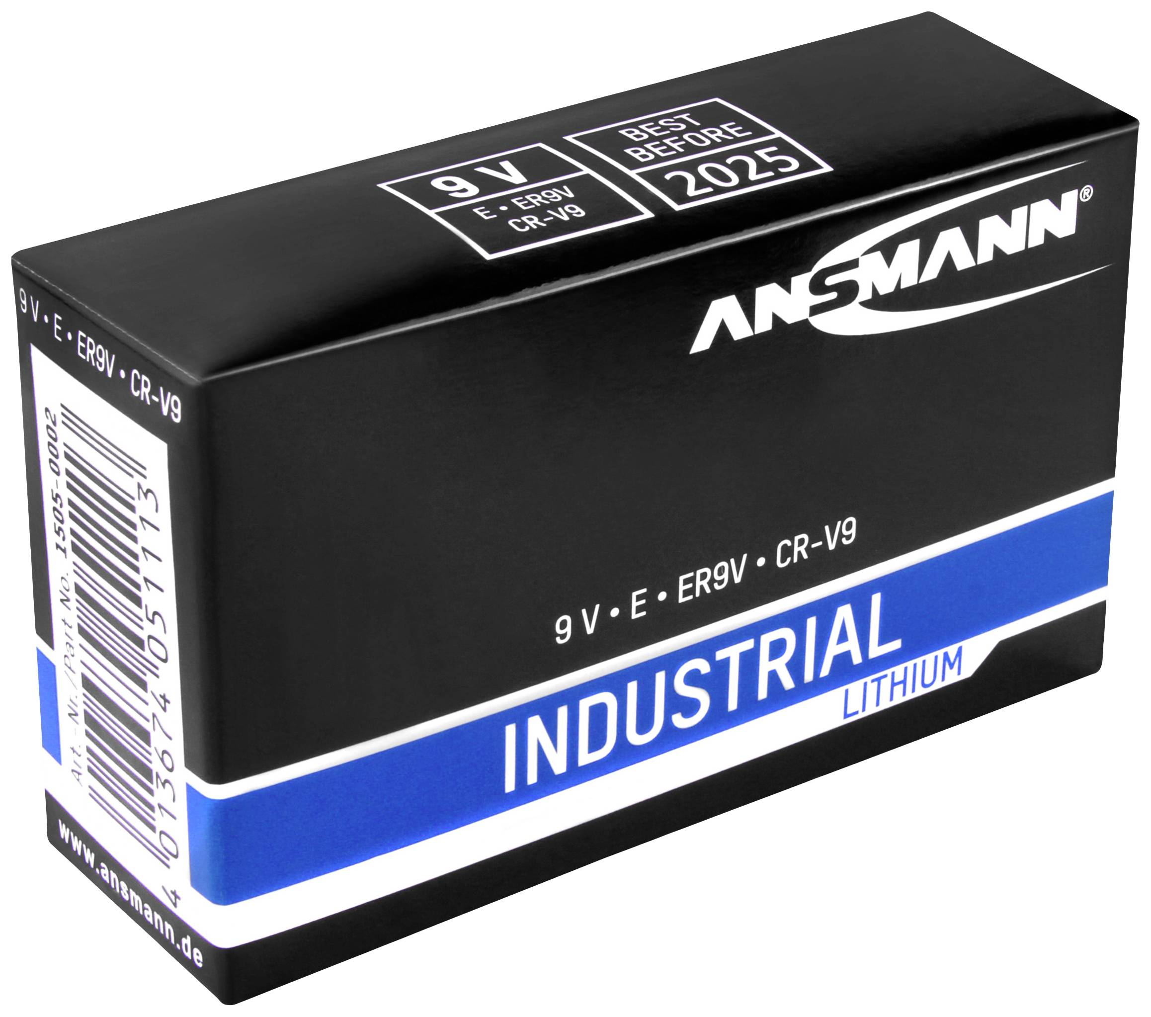 Crna ambalaža 9V litijske baterije marke Ansmann, s natpisom 'Industrial', rokom trajanja 2025. godine, brojem proizvoda na bočnoj strani.
