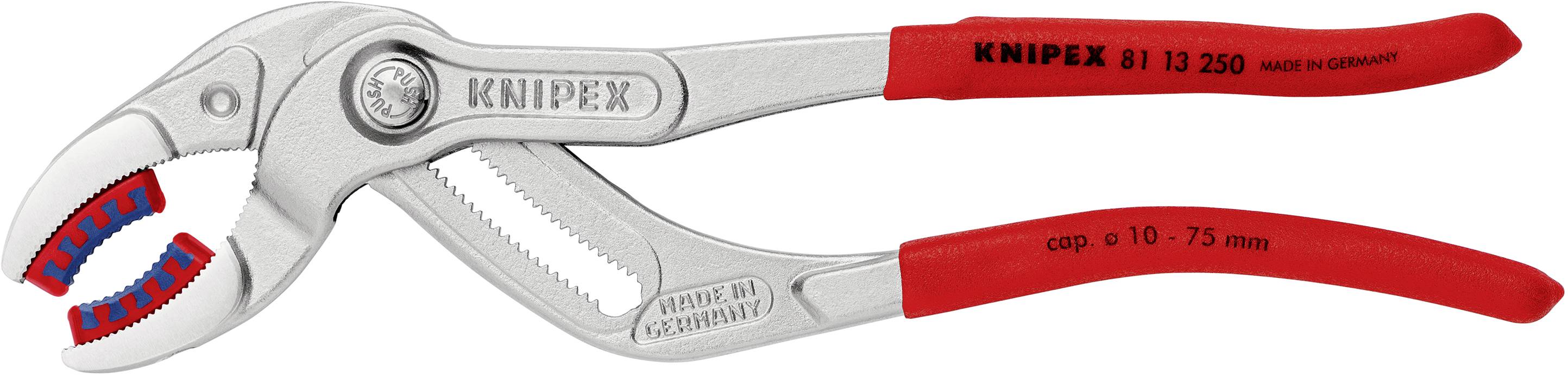 Vodena pumpa kliješta s crvenom ručkom, podesiva veličina od 10-75 mm, naziv proizvoda 'Knipex' otisnut na ručki.