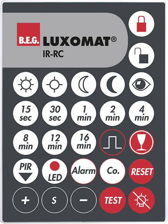 Daljinski upravljač za B.E.G. Luxomat IR-RC s tipkama za vrijeme, senzorske načine rada, LED, test, resetiranje i alarm. Simboli za mjesec i katanac.