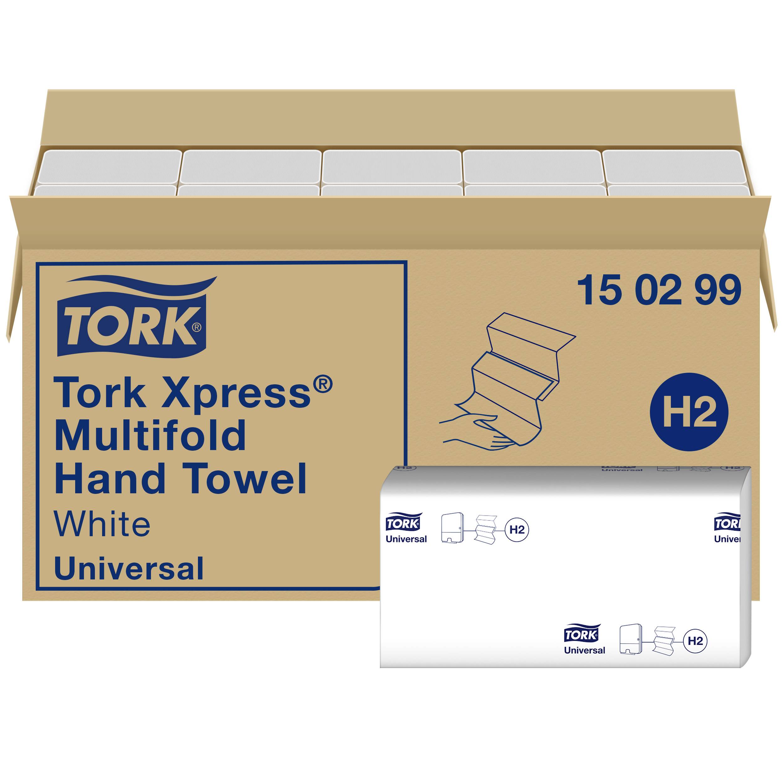Karton s 'Tork Xpress Multifold ručnike za ruke, bijele, univerzalne'. Prikazuje dizajn ambalaže i stilizirana ručna ručnika. Model broj H2.