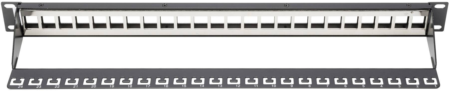 Prazan patch panel s 24 porta, spreman za smještaj mrežnih utikača, namijenjen organizaciji i upravljanju kabelskim vezama.