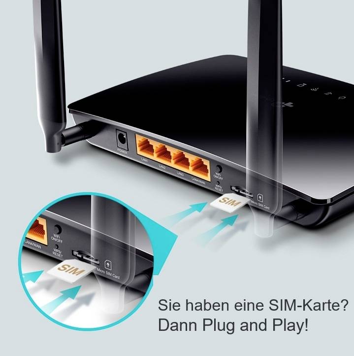 Muškarac sjedi na kauču i smiješi se, s WLAN usmjerivačem na stolu. Tekst: 'Nema mrežnog pokrivača? Nikakav problem!'