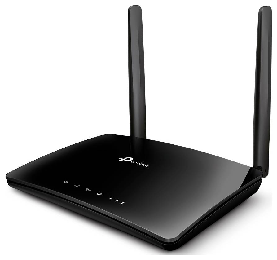 Crni WLAN usmjerivač s dvije antene. Na prednjoj stranici nalaze se indikatori statusa. Uređaj stoji na ravnoj površini.