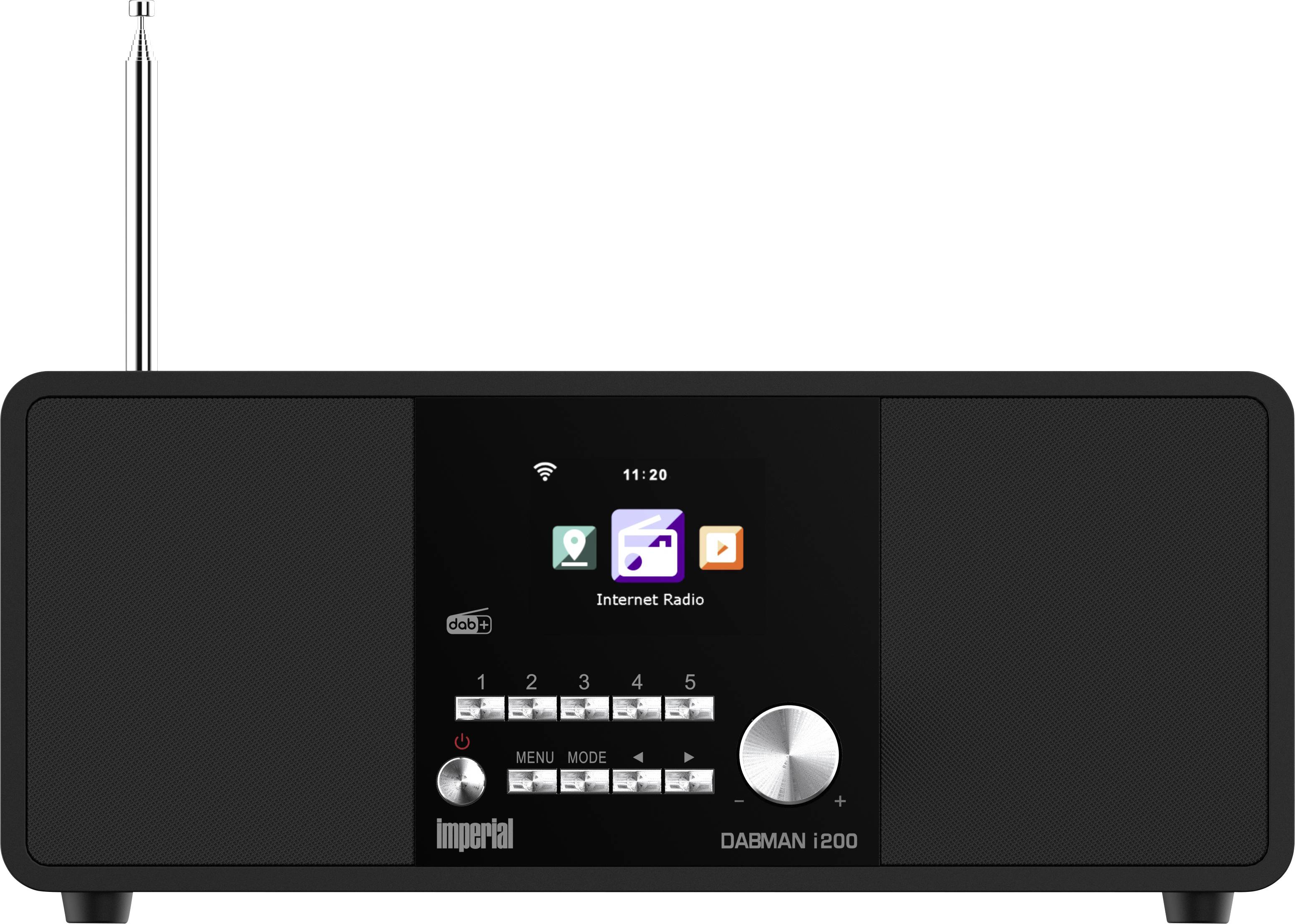Crna radio prijemnik za internet na stolu s antenom, središnjim kolornim zaslonom koji prikazuje 'Internet Radio,' kontrolama i levom mrežicom zvučnika.