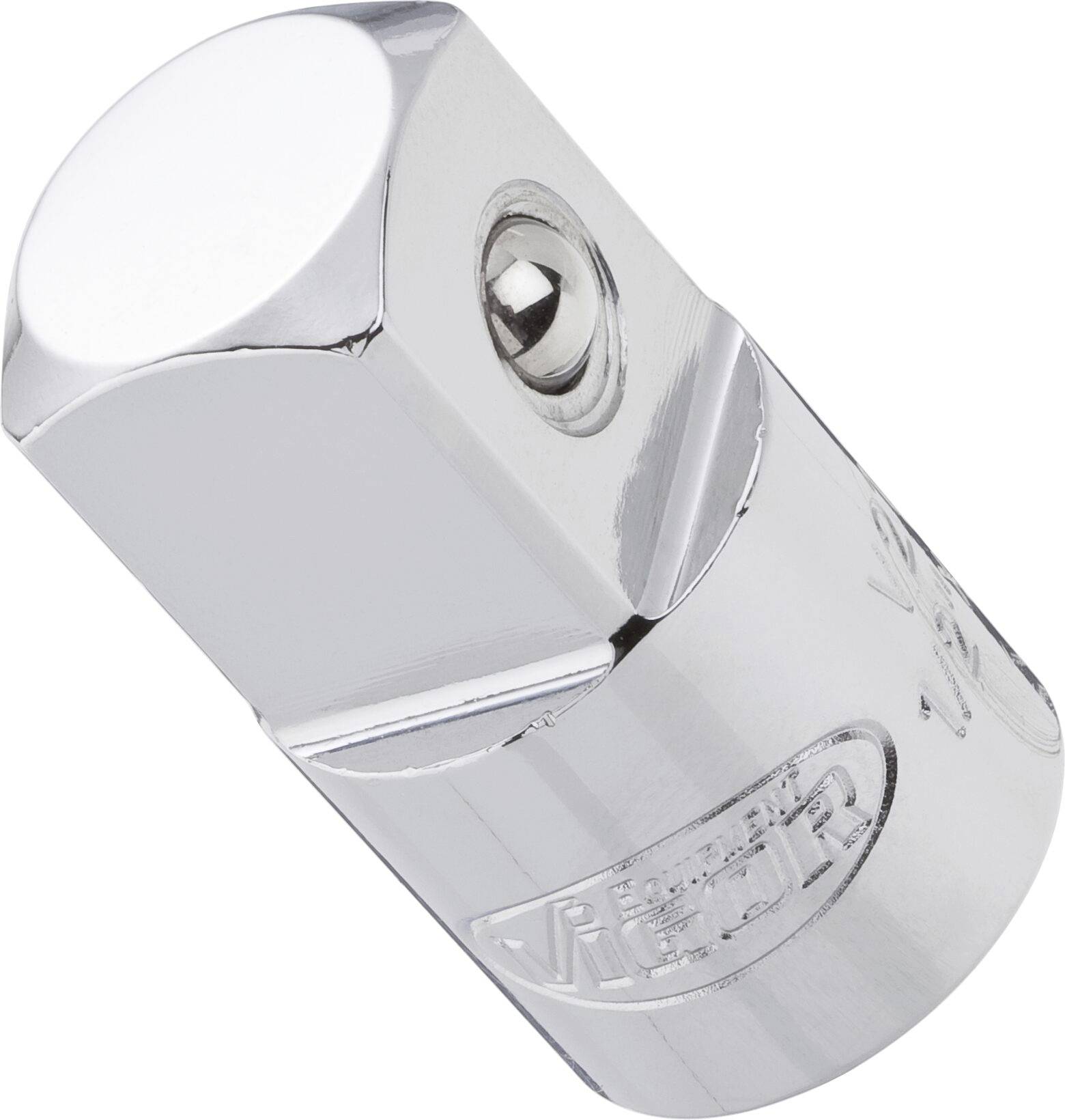 Kromirani metalni adapter s okruglom kuglastom bravom i ugravljenim natpisom.