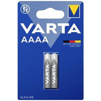 Pakiranja s dvije VARTA AAAA baterije, plava pozadina, na njoj otisnut natpis 'Alkaline', logotip tvrtke sa žutim trokutom i simbolom čovjeka.