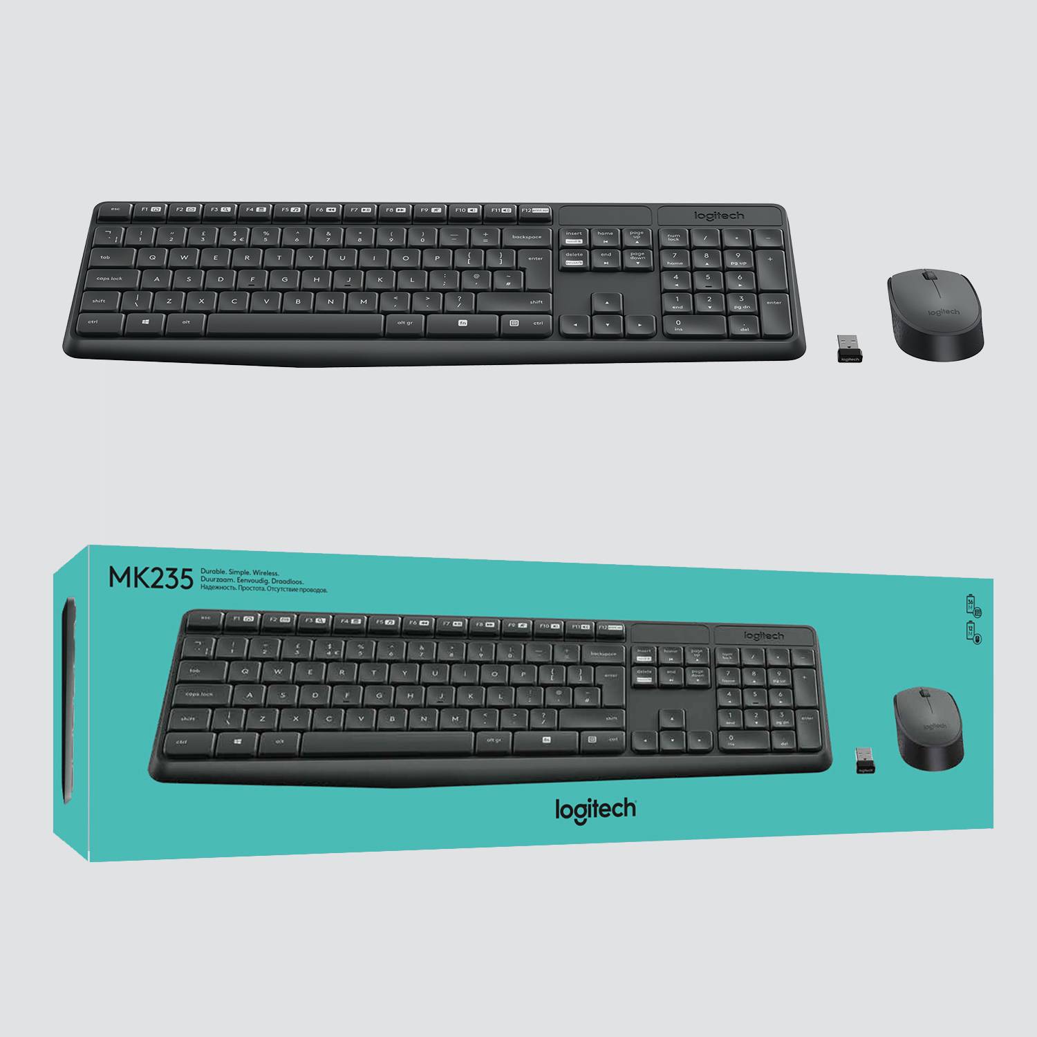 Jedna ruka pritišće tipke na Logitech numeričkoj tipkovnici pored Logitech miša na drvenom stolu.