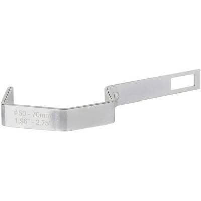 Metalna stezaljka s pravokutnim otvorom i gravurom 'Ø 50 - 70 mm, 1,96" - 2,75"' na srebrnoj površini.