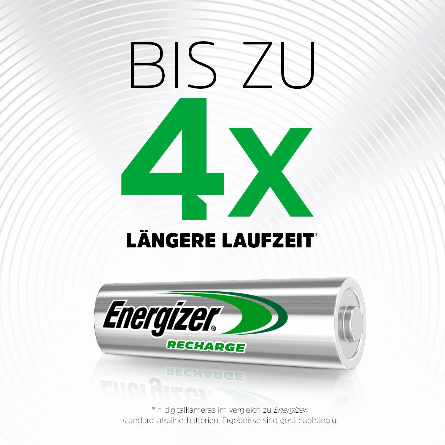 Do 4 puta dulja trajanja' piše gore. Ispod toga je baterija označena 'Energizer Recharge'. U pozadini je spiralno uvrnuti uzorak.