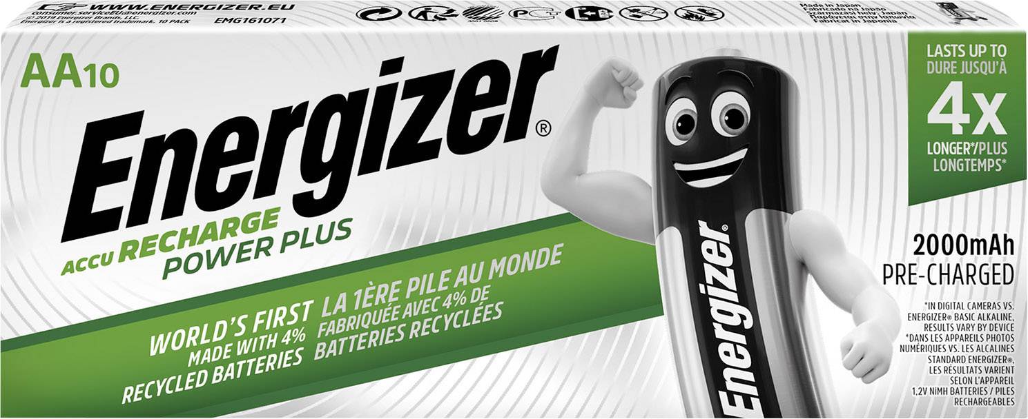 Energizer AA10 baterije kapaciteta 2000mAh, prvi na svijetu s 4% recikliranih baterija. Traju do 4 puta dulje. Na pakiranju se prikazuje sretna figura baterije.