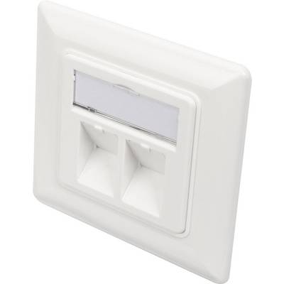 Dvostruki mrežni priključak u bijeloj zidnoj utičnici, pogodan za Ethernet kablove. Idealan za uredske prostore za jednostavno umrežavanje.