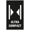 Slika prikazuje simbol s dva suprotstavljena trokuta između dvije linije, ispod kojih piše 'ULTRA COMPACT'.