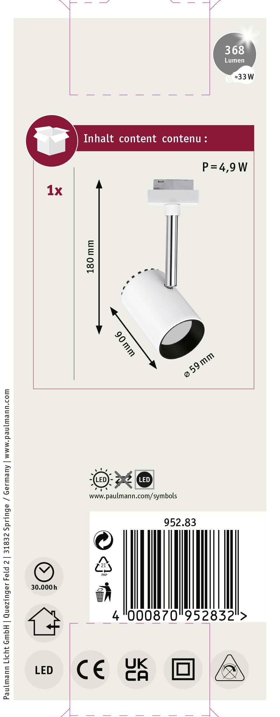 'Ambalaža proizvoda za LED-lampu, 4,9W, Model 952.83, Stezaljka za osvjetljenje, Dimenzije: 180 mm x 90 mm, Barkod 4008870952832.'