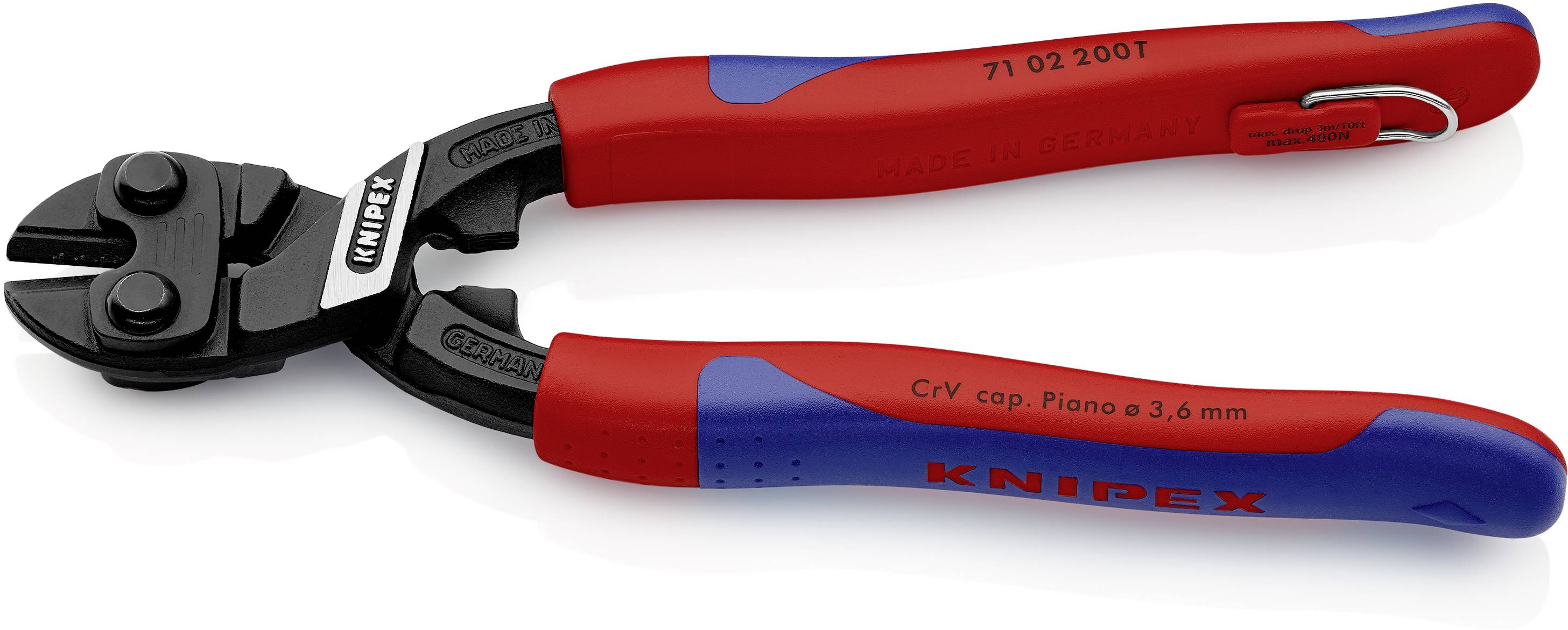 Kliješta s crvenim i plavim gumenim rukohvatima, čvrsta crna oštrica. Natpis 'KNIPEX' vidljiv na ručki.