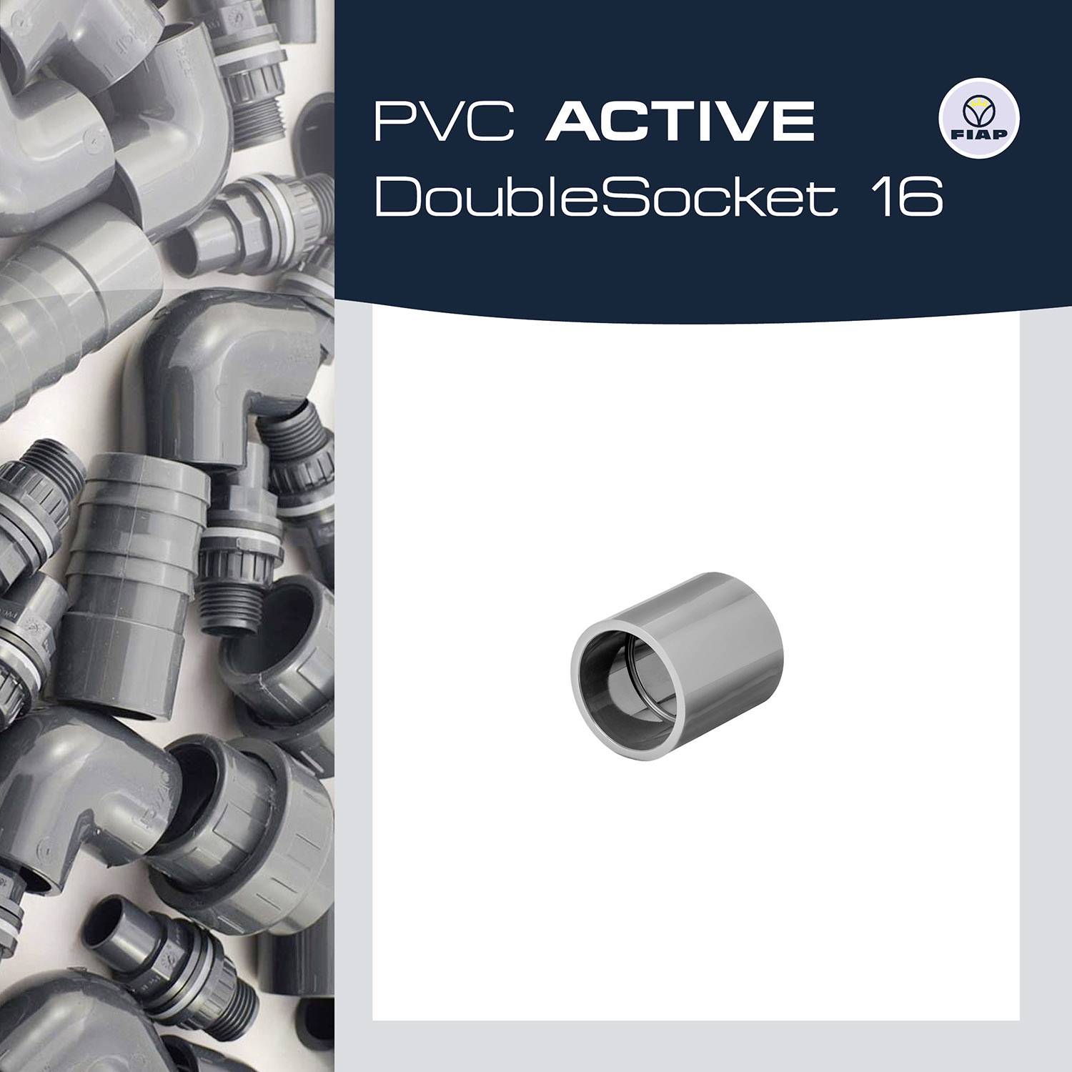 Slika proizvoda 'PVC ACTIVE DoubleSocket 16' prikazuje sive PVC cijevi i spojnike na bijeloj pozadini, logotip proizvođača u gornjem desnom kutu.