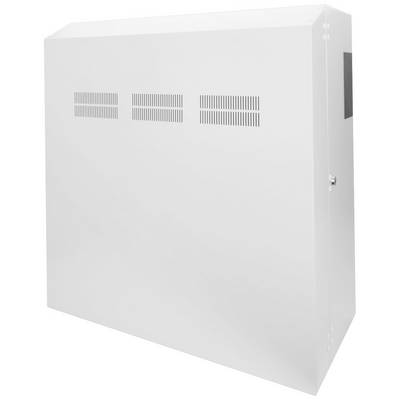 Bijeli pravokutni metalni kućišt s ventilacijskim otvorima na gornjoj polovici. Dizajniran je za montažu na zid.