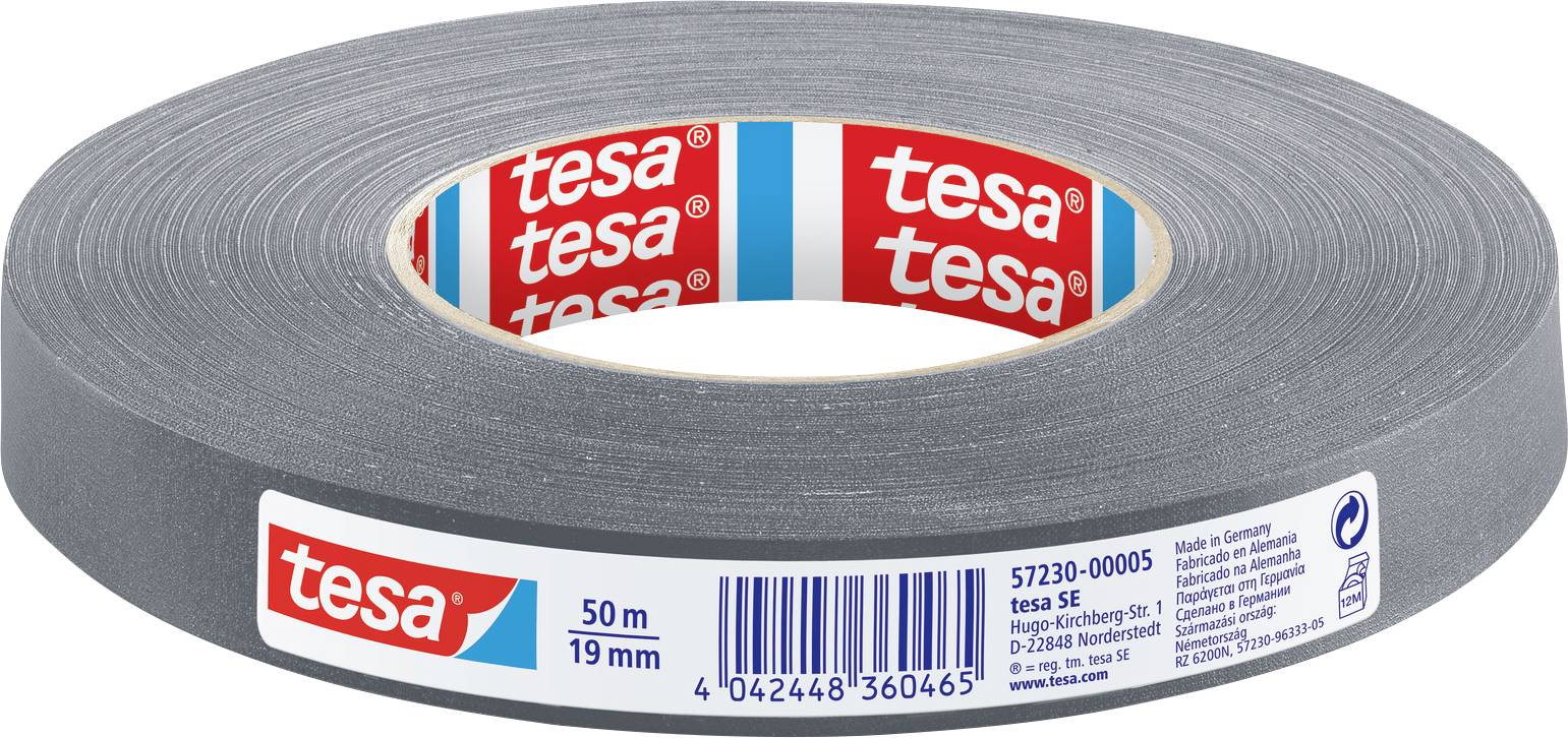 Rolna sive ljepljive trake marke 'tesa', duga 50 metara i široka 19 mm, s barkod kodom i detaljima proizvoda na pakiranju.