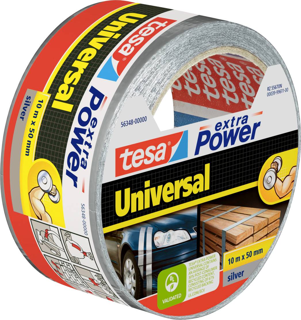 Tesa extra Power Universal srebrni duct tape 10m x 50mm. Pogodan za različite popravke; slike prikazuju njegovu uporabu na automobilima i paketima.